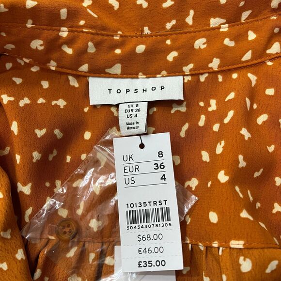 Topshop Sz 4 Long Sleeve Rust Orange Spot Chiffon Collared Midi Shirt Dress - Picture 7 of 16